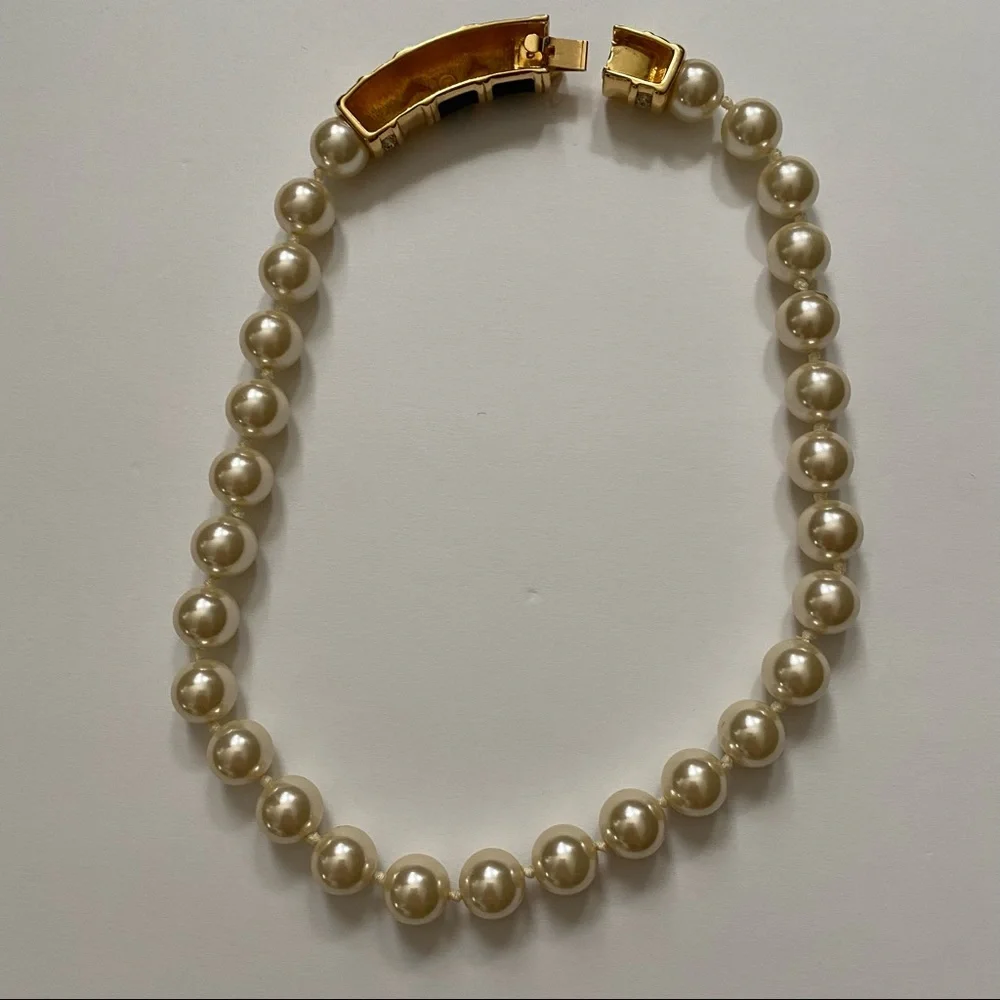 SWAROVSKI NECKLACE CHOKER PEARLS GOLD BLACK ENAMEL CRYSTALS 17” STATEMENT